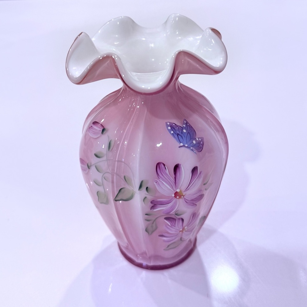 Fenton J. Powell Pink Cased Art Glass Vase Hand Painted Flowers‎ Ruffled Signed